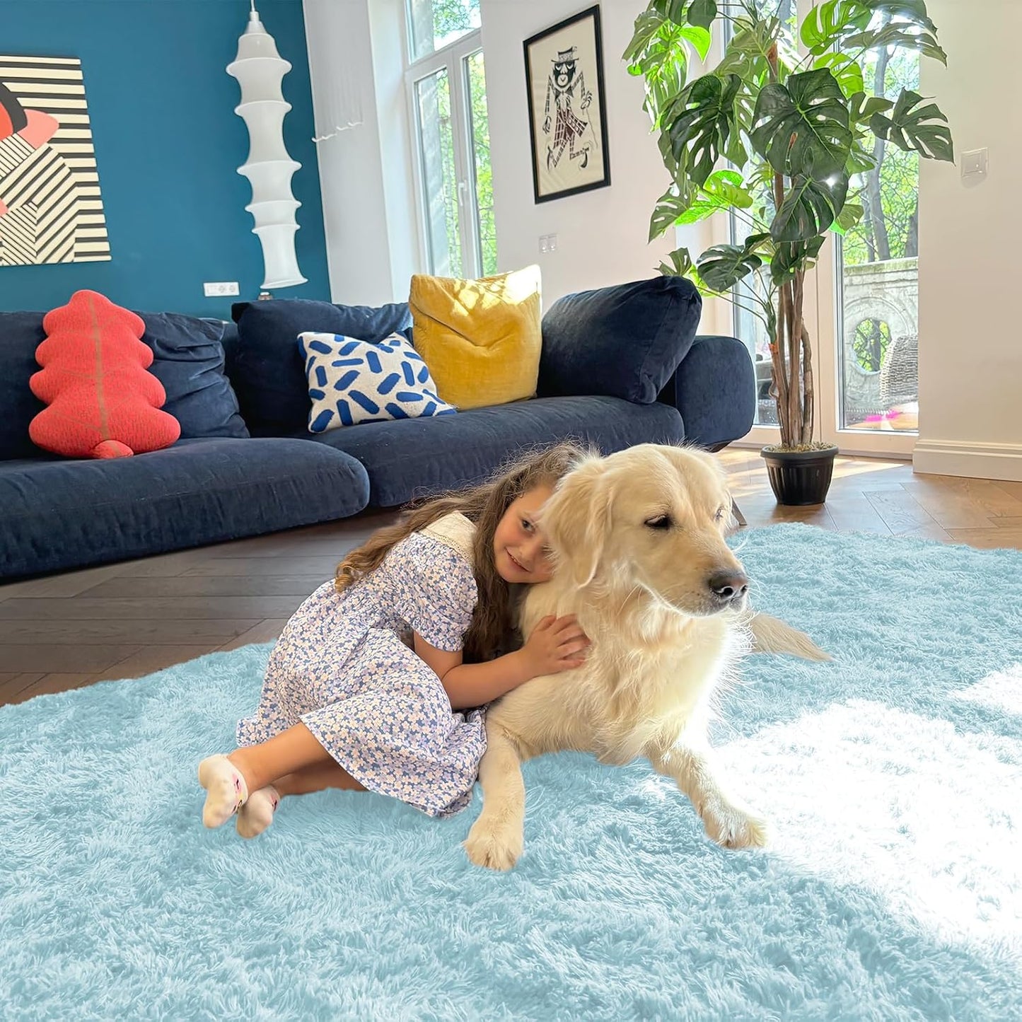 OLANLY 3x5 Soft Fluffy Shaggy Rug - Machine Washable Indoor Carpet for Kids & Nursery | Light Blue
