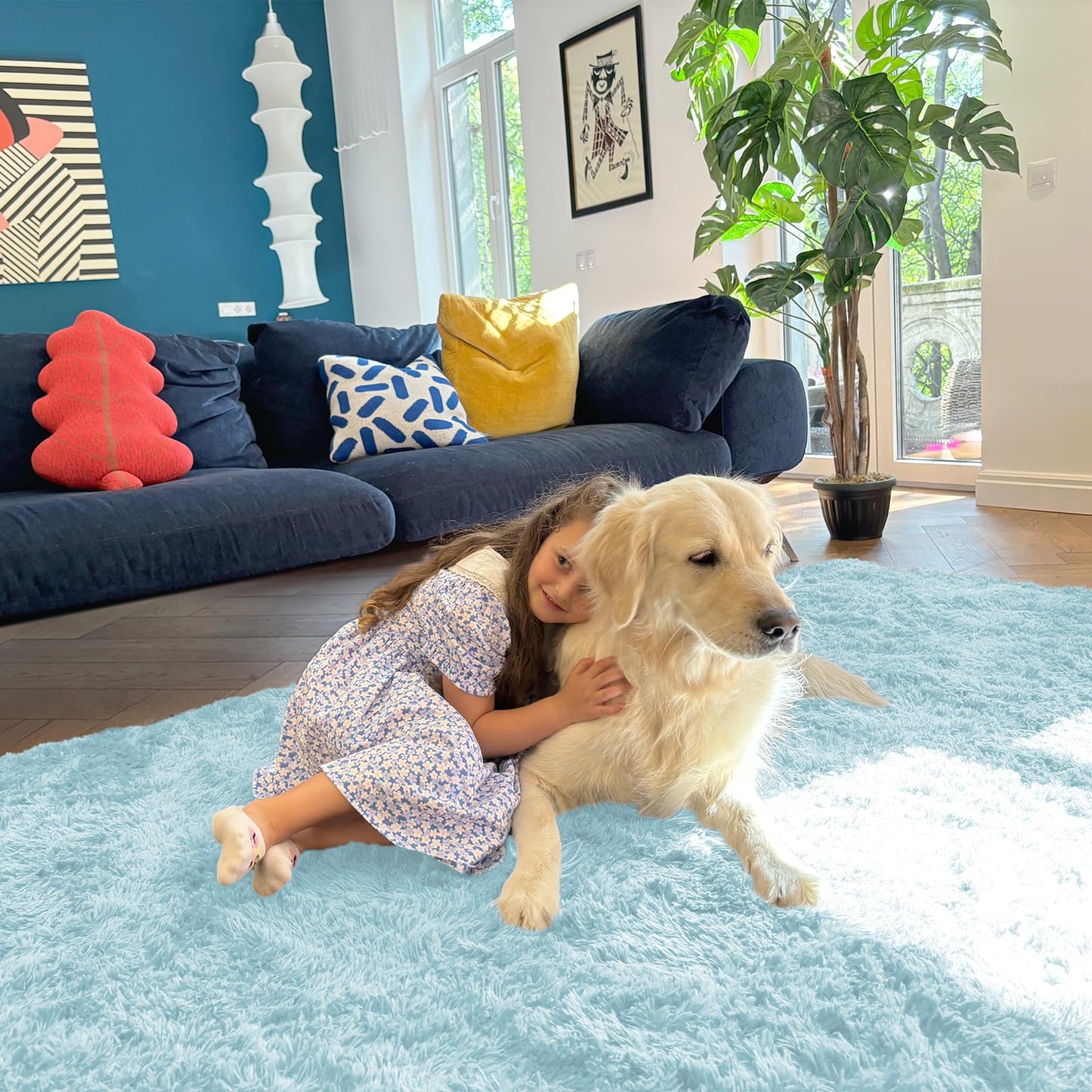 OLANLY 2x3 Machine Washable Small Bedside Rug, Soft Fluffy Shaggy Entryway Throw Rugs for Bedroom, Living Room, Indoor Floor Carpet for Kids Girls and Boys, Home Decor Aesthetic, Light Blue