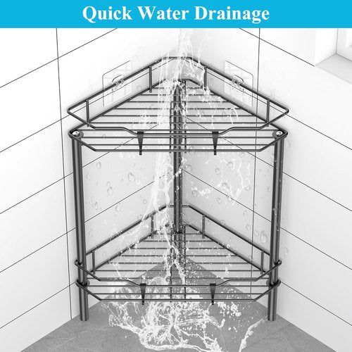 HuggieGems 2-Tier Floor Standing Corner Shower Caddy Organizer - Matte Black Bathroom Shelf with Hooks