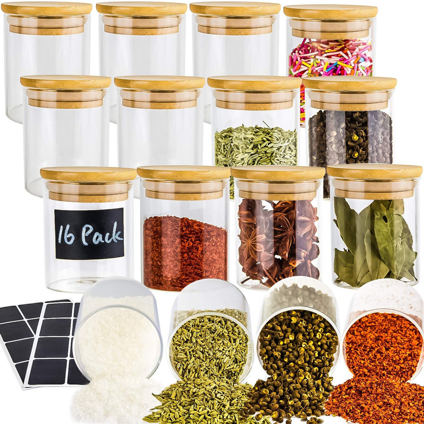UMI UMIZILI 16 Pack Glass Jars with Lids, Bamboo Lids Spice Jars Set For Spice, Beans, Candy, Nuts, Herbs, Dry Food Canisters for Kitchen Storage (Extra Chalkboard Labels) - 6.5 oz Clear