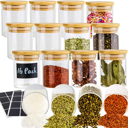 UMI UMIZILI 16 Pack Glass Jars with Lids, Bamboo Lids Spice Jars Set For Spice, Beans, Candy, Nuts, Herbs, Dry Food Canisters for Kitchen Storage (Extra Chalkboard Labels) - 6.5 oz Clear