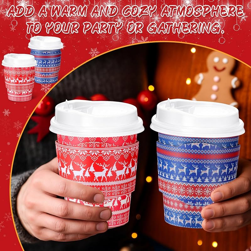 Multicolor 100 Pack 8 oz Christmas Disposable Coffee Cups with Lids & Sleeves (100 Pcs) – 4 Festive Designs