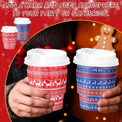 Multicolor 100 Pack 8 oz Christmas Disposable Coffee Cups with Lids & Sleeves (100 Pcs) – 4 Festive Designs