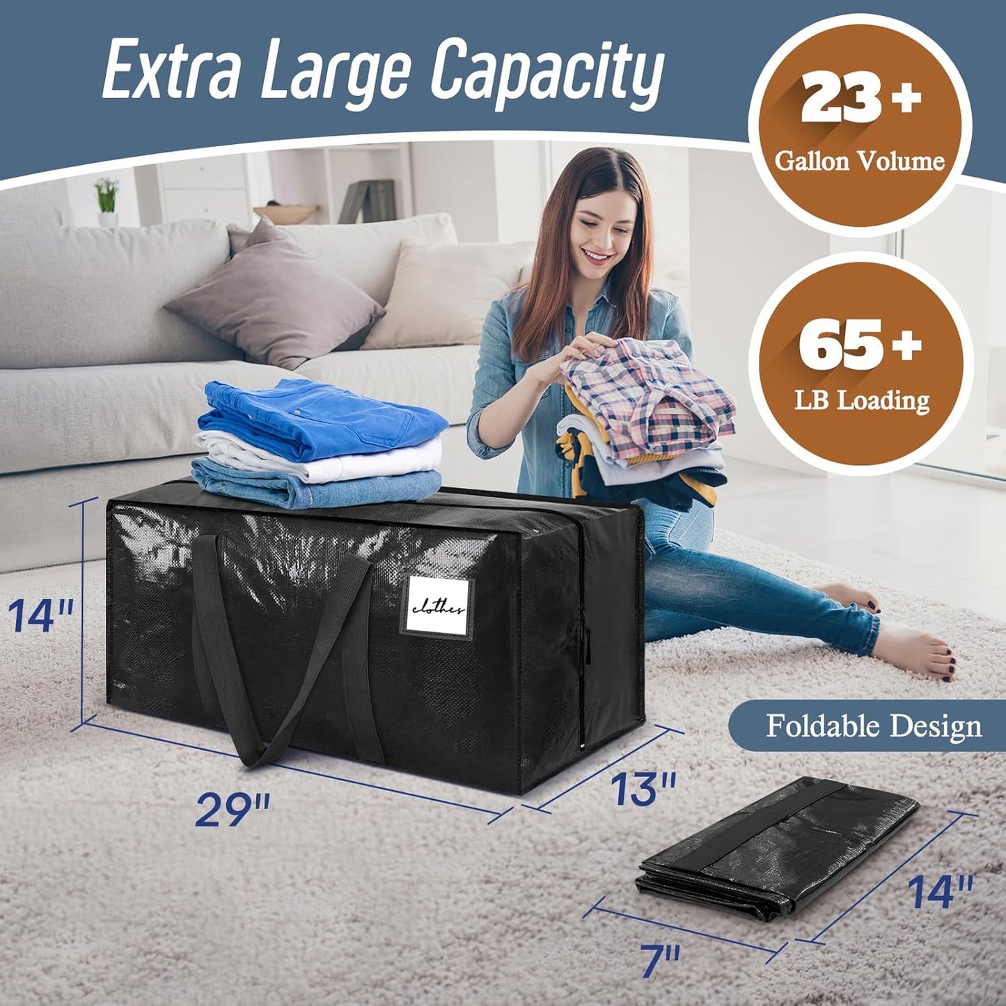 Skiennix Extra Heavy Duty Large Moving Bags - Strong Zipper & Comfortable Handles | 6 Pack, Black
