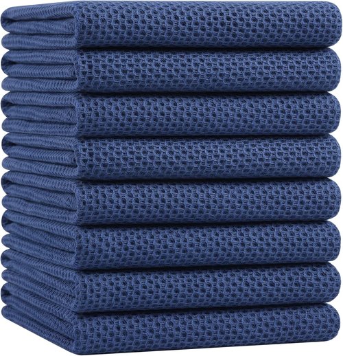 Homaxy Kitchen Dish Towels - Ultra Soft 100% Cotton Waffle Weave, Quick Drying, 20x28 Inches, Navy Blue, 8-Pack