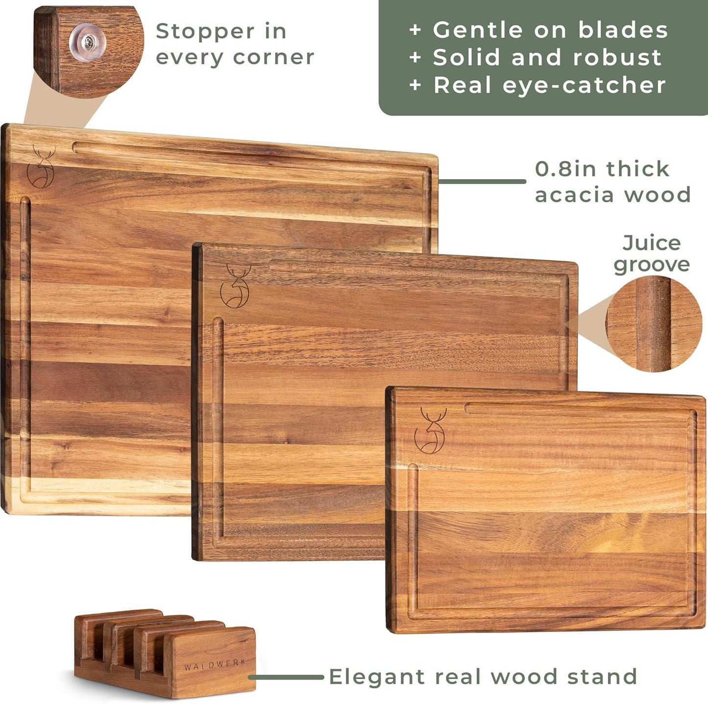 WALDWERK Cutting Board Set - Solid Acacia Wood Kitchen Boards | 15.75 x 12 in, 0.8 in Thick