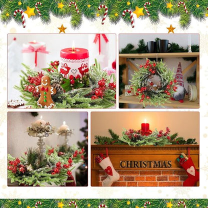 8 Pcs Christmas Candle Rings - 10 Inch Rustic Artificial Berries & Pine Cone Wreaths for Table Centerpieces