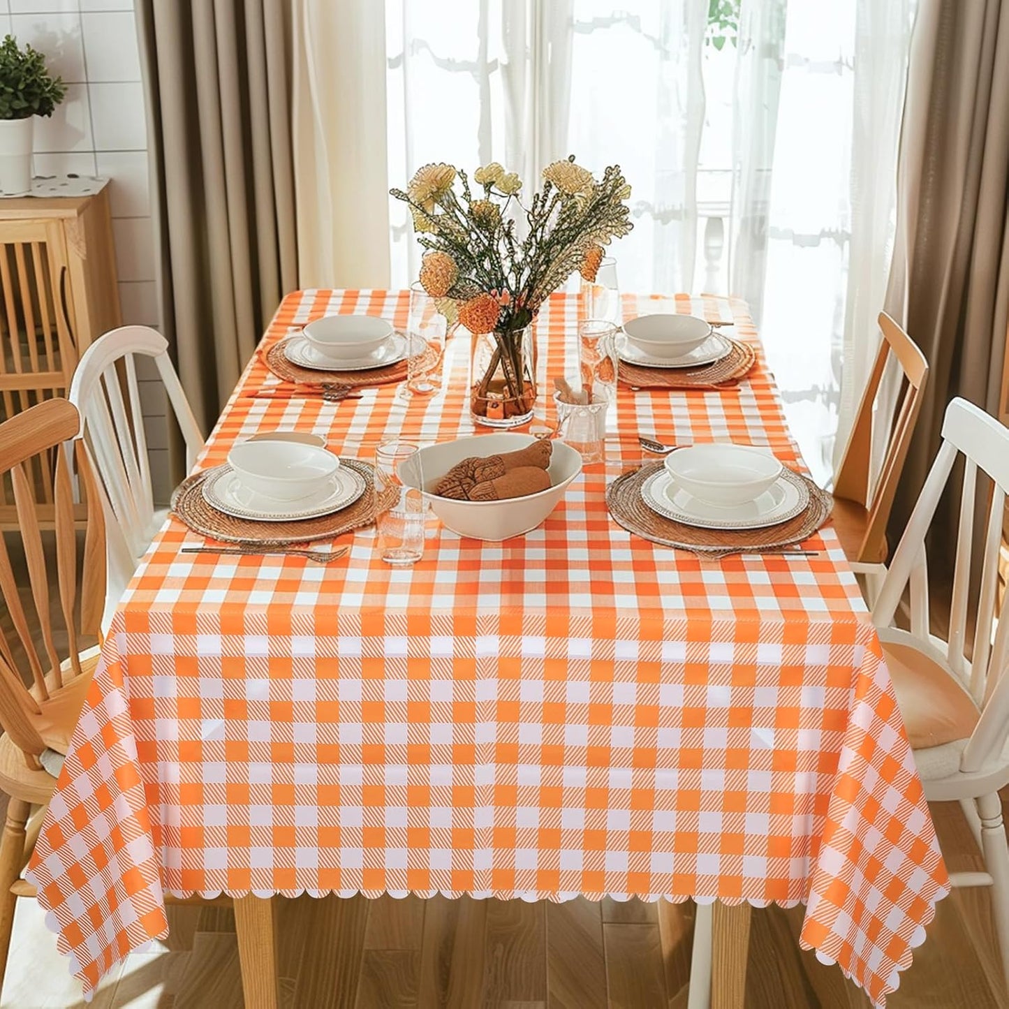 Orange Gingham Tablecloths by [Brand Name] - 3 Pack Disposable Waterproof Checkered Covers | 54 x 108 Inch for Parties