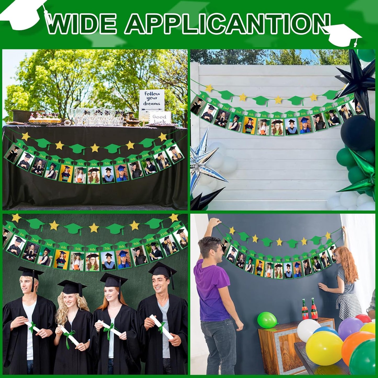 Whaline Graduation Photo Banner - 2026 Congrats Grad Bunting | No DIY Required, Green Gold Glitter, 5 x 7 Inch
