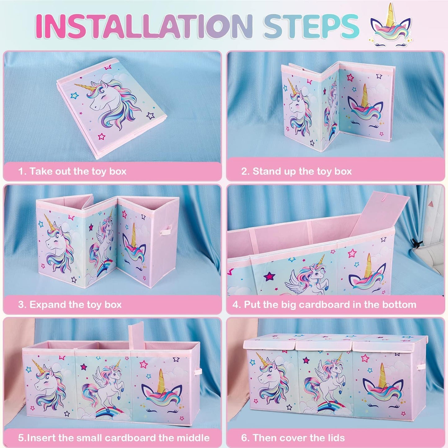 WERNNSAI Extra Large Toy Chest - Unicorn Toy Box Chest Organizer with Flip-Top Lid Collapsible Sturdy Storage Bin with Handles 38 x 13 x 16 Inch for Kids Girls Pink Closet Nursery Living Room Bedroom