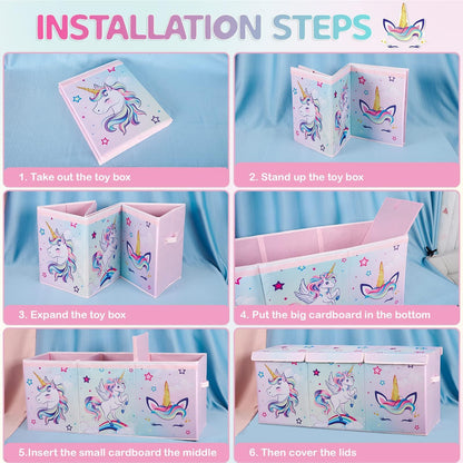 WERNNSAI Extra Large Toy Chest - Unicorn Toy Box Chest Organizer with Flip-Top Lid Collapsible Sturdy Storage Bin with Handles 38 x 13 x 16 Inch for Kids Girls Pink Closet Nursery Living Room Bedroom