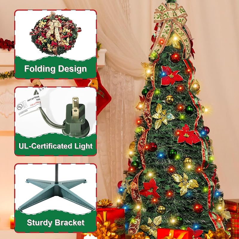 6ft Pop Up Christmas Tree with Lights - Pre-Lit, Collapsible, Decorated (Red & Green)