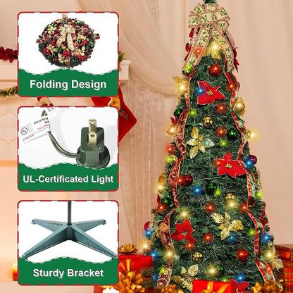 6ft Pop Up Christmas Tree with Lights - Pre-Lit, Collapsible, Decorated (Red & Green)