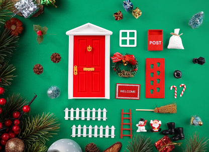 Skiennix Christmas Elf Fairy Door Kit - 31Pcs Miniature Wooden Garden Decorations (Red)