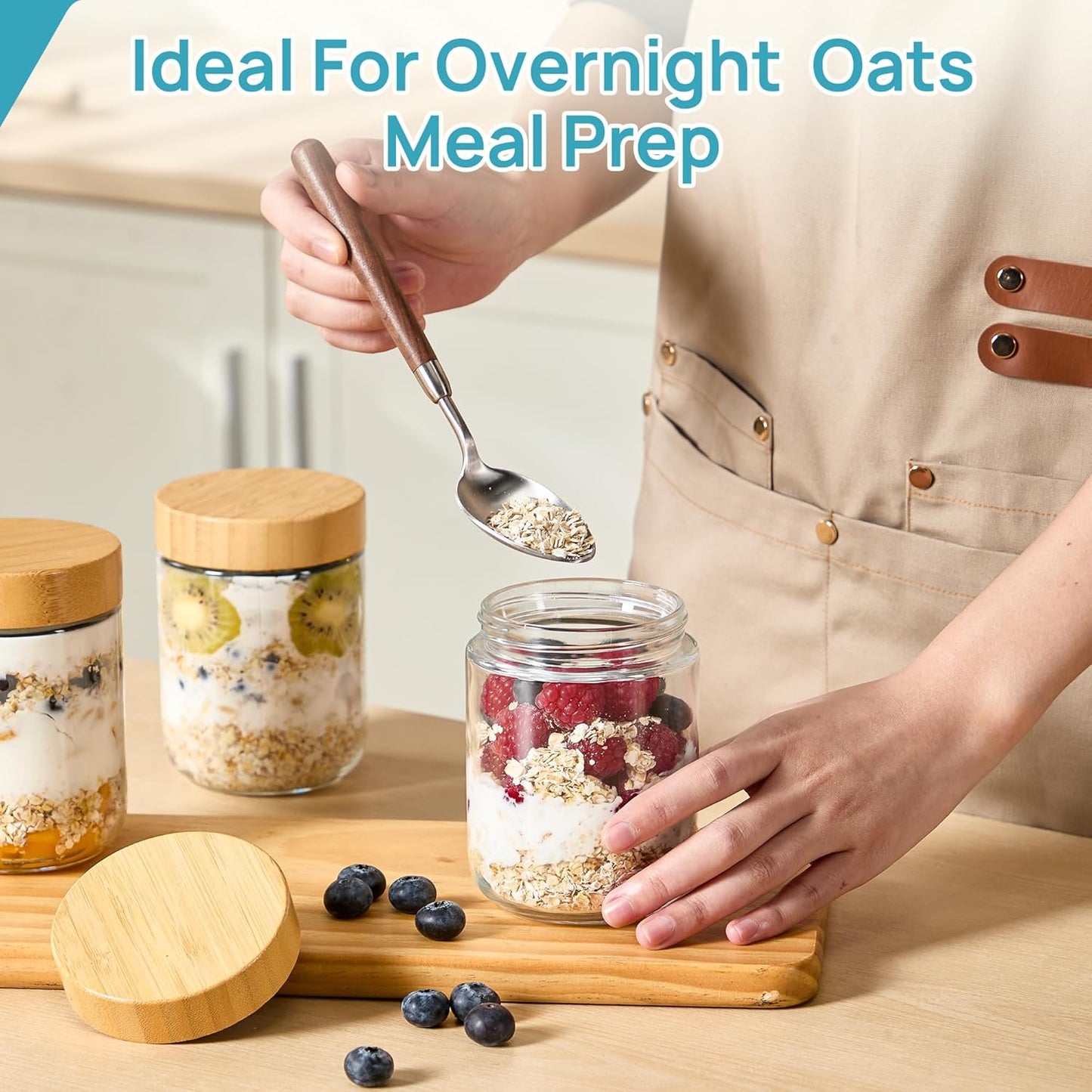 Vtopmart 16oz Glass Overnight Oats Containers - 6 Pack with Bamboo Lids | Leak-Proof & Reusable Storage Jars