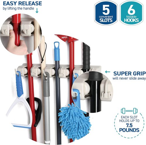 HOME IT Mop And Broom Holder - Wall-Mounted Garage Storage System with 5 Slots & 6 Hooks | Off-White