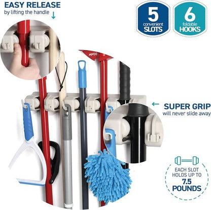 HOME IT Mop And Broom Holder - Wall-Mounted Garage Storage System with 5 Slots & 6 Hooks | Off-White