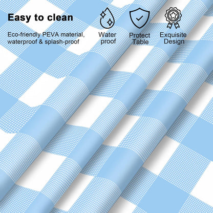 Skiennix Light Blue Checkered Tablecloth - Waterproof Disposable Plastic Cover | 54" x 108" for Picnics & Parties