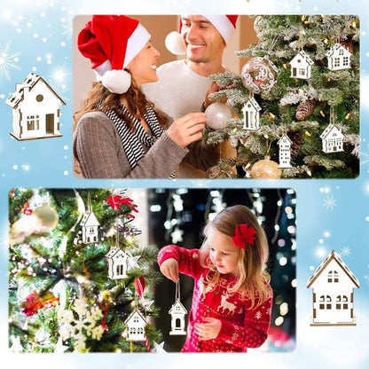 Coume Christmas Wooden Ornaments - 9 Pcs Rustic White House Cutouts for DIY Tree Decorations