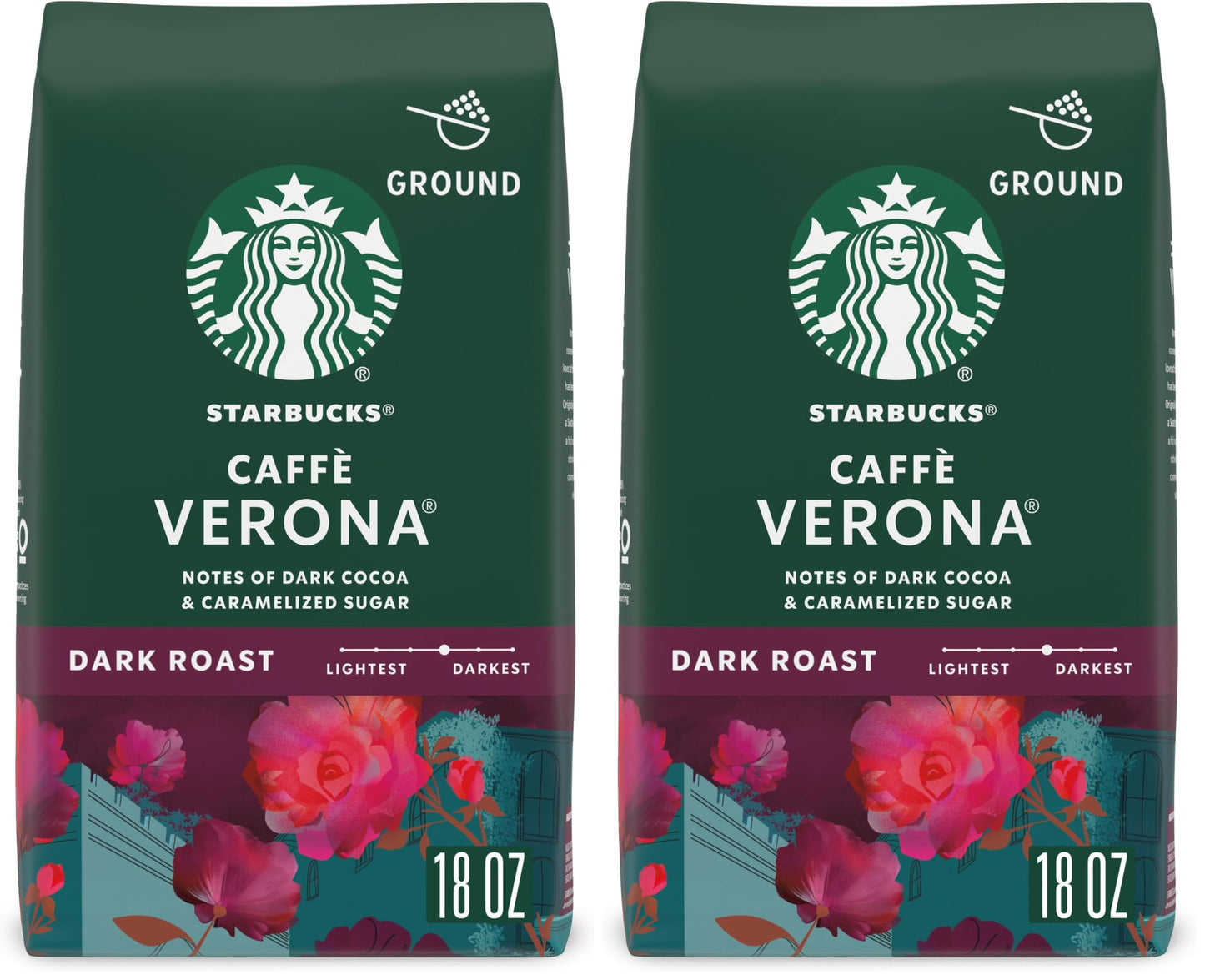 Starbucks Ground Coffee,Dark Roast Hot or Iced Coffee,Caffè Verona,18 oz,(Pack of 2)