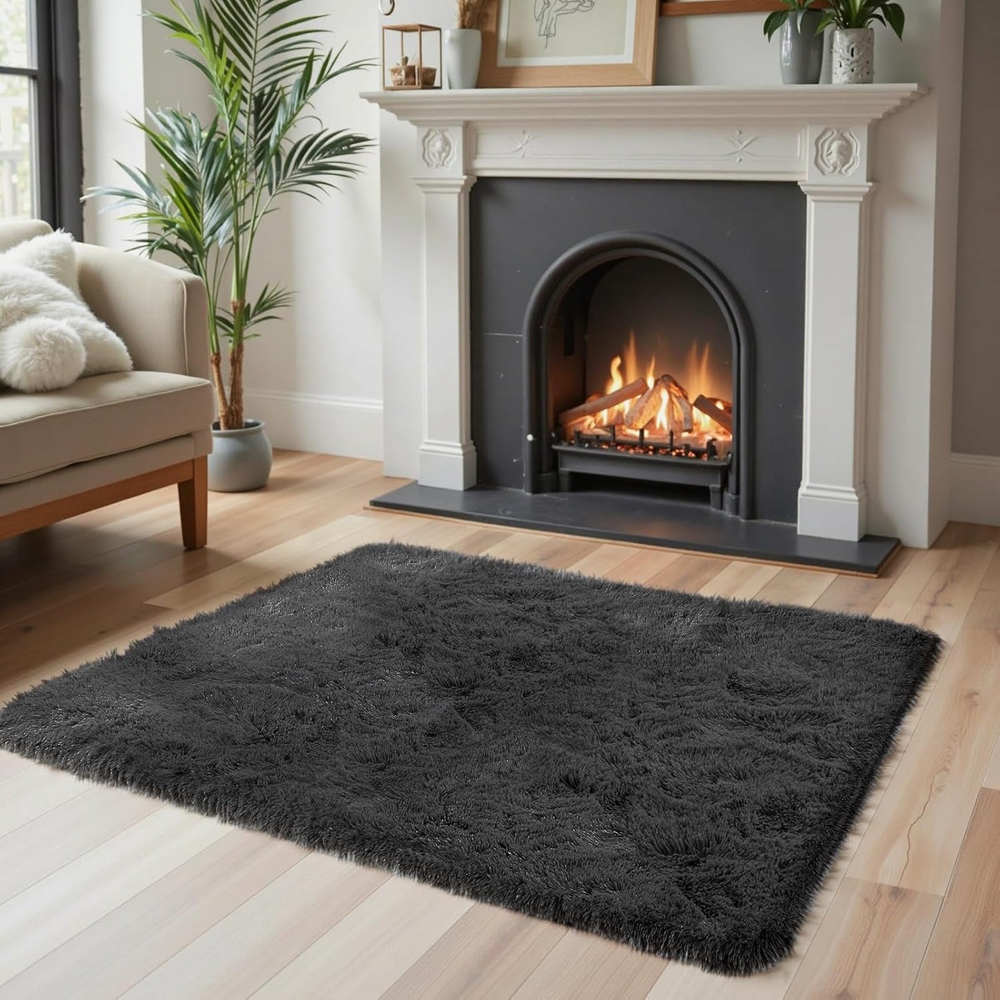 Skiennix Small Area Rug - Modern Black Shag Carpet for Bedroom | Fluffy 2x3 Feet Dorm Mat