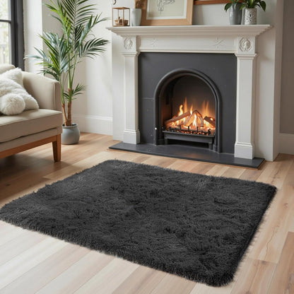 Skiennix Small Area Rug - Modern Black Shag Carpet for Bedroom | Fluffy 2x3 Feet Dorm Mat
