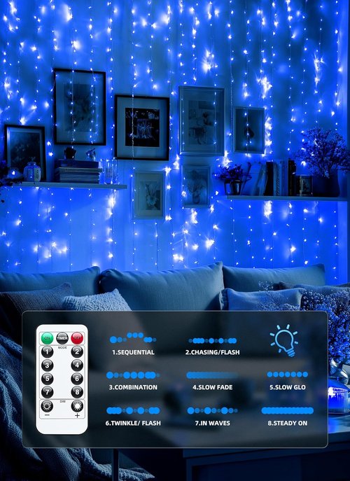 Brightown 300 LED Blue Fairy Curtain Lights - 9.8ft x 9.8ft String Lights with Remote & 8 Modes for Indoor/Outdoor Use