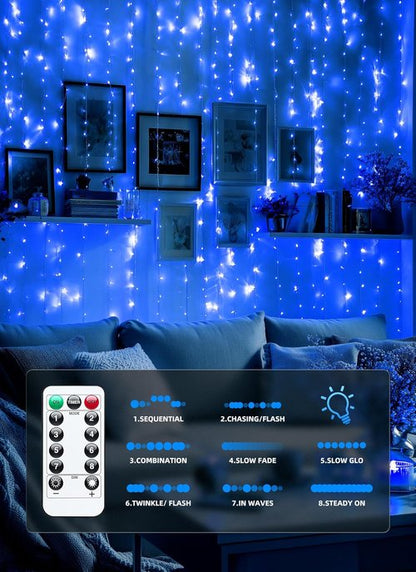 Brightown 300 LED Blue Fairy Curtain Lights - 9.8ft x 9.8ft String Lights with Remote & 8 Modes for Indoor/Outdoor Use