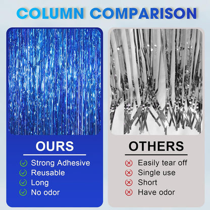 Voircoloria Blue Foil Fringe Backdrop Curtains - 3 Pack Tinsel Streamers for Parties & Events | 3.3x8.2 Feet