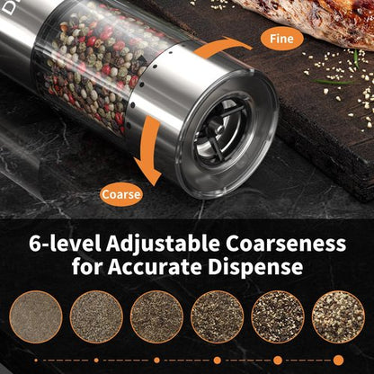 DIJEE 2Pack Electric Salt and Pepper Grinder Set with Tray USB Rechargeable Pepper Grinder Mill with LED Light Adjustable Coarseness Large Capacity Automatic Gravity Pepper Grinder for Kitchen