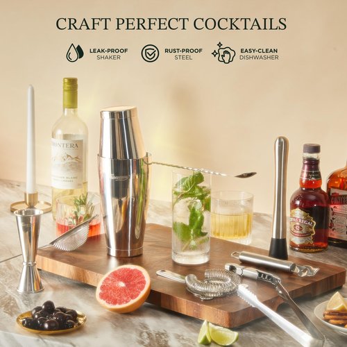 KITESSENSU Boston Shaker Set Mixology Bartender Kit | Premium Cocktail Shaker Kit with Stand Professional Home Bar Tools Accessories: Martini Shaker, Citrus Tools, Fine Mesh Strainers, Muddler, Jigger