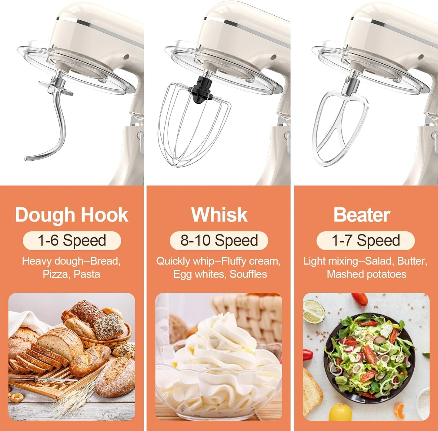 Skiennix 3-IN-1 Electric Stand Mixer - 6.5QT Bowl, 660W, 10-Speed for Baking & Cooking - Almond Cream