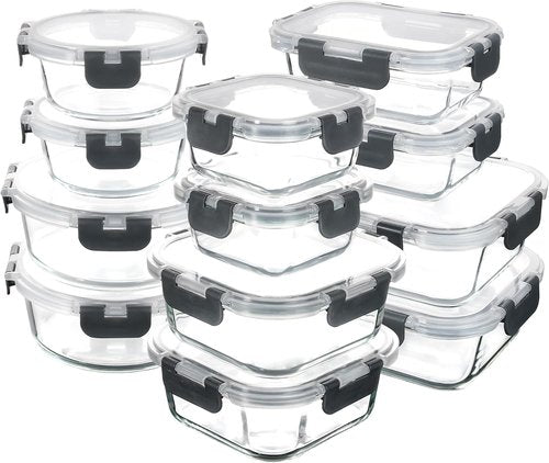 C CREST Glass Food Storage Containers Set - 12 Multi-Size Airtight Locking Lids for Meal Prep & Freshness