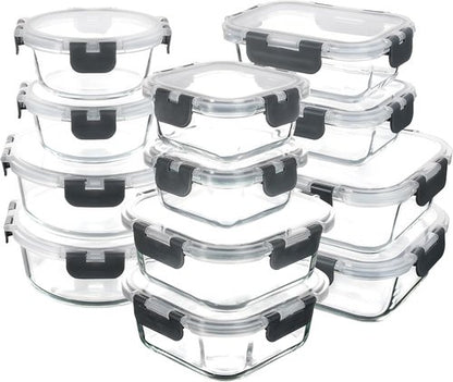 C CREST Glass Food Storage Containers Set - 12 Multi-Size Airtight Locking Lids for Meal Prep & Freshness