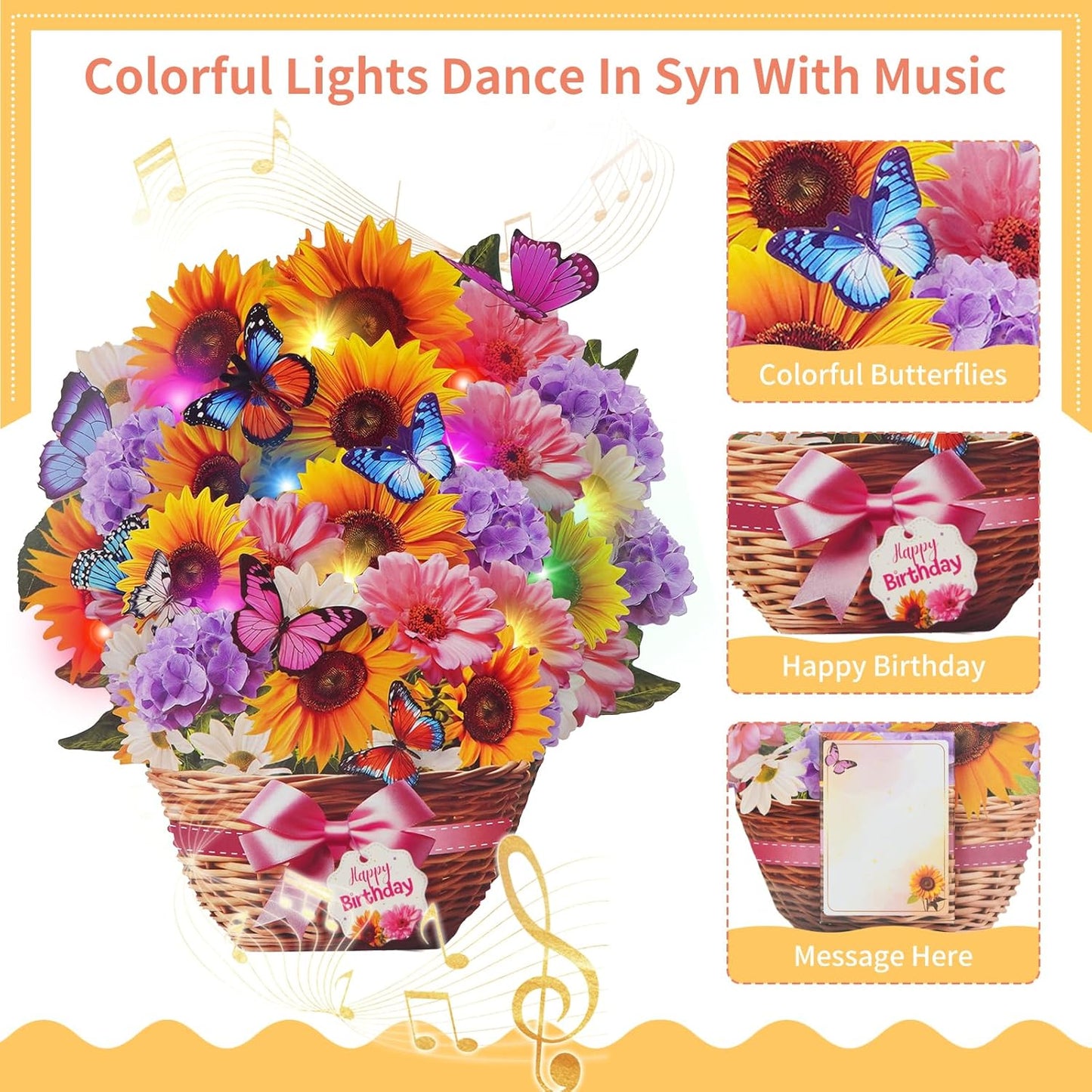 MZD8391 Birthday Cards - Musical Pop-Up Card with Lights | Sunflower & Butterfly Design, 10-Inch Size