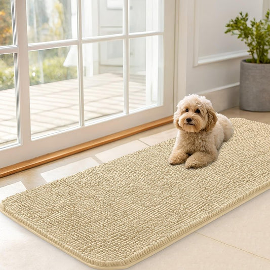 OLANLY Dog Door Mat for Muddy Paws 47x20, Absorbs Moisture and Dirt, Absorbent Non-Slip Washable Doormat, Quick Dry Chenille Mud Mat for Dogs, Entry Indoor Entryway Carpet for Inside Floor, Sand