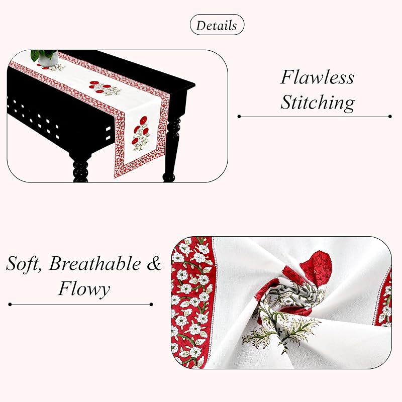 Red and Green Buta Hand Block Print 100% Cotton Table Runner 16x90 Inches - Ridhi