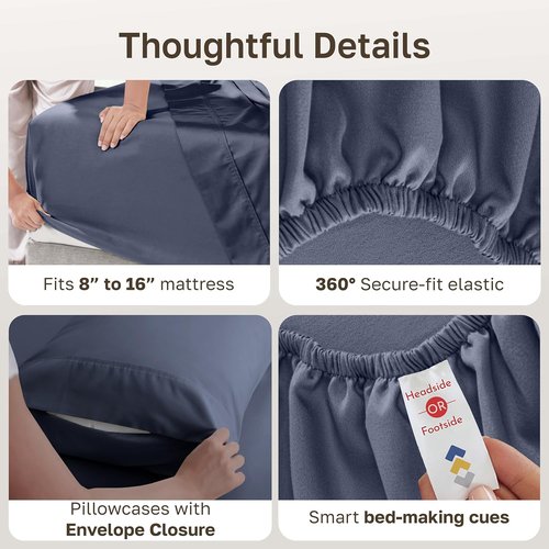 California Design Den Queen Size Sheet Set - 6-Pc 400 Thread Count 100% Cotton, Deep Pocket - Indigo Dusty Blue