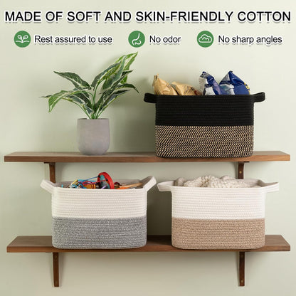 OIAHOMY Woven Storage Basket - Rectangle Cotton Rope Organizer for Toys, Towels, Books | 13 x 10 x 9 in, Black & Brown