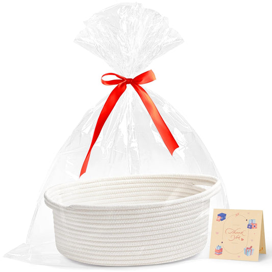 Yeeeasy Small Woven Basket - Cute Gift Basket with Ribbons | 12"x8"x5" White Storage Solution