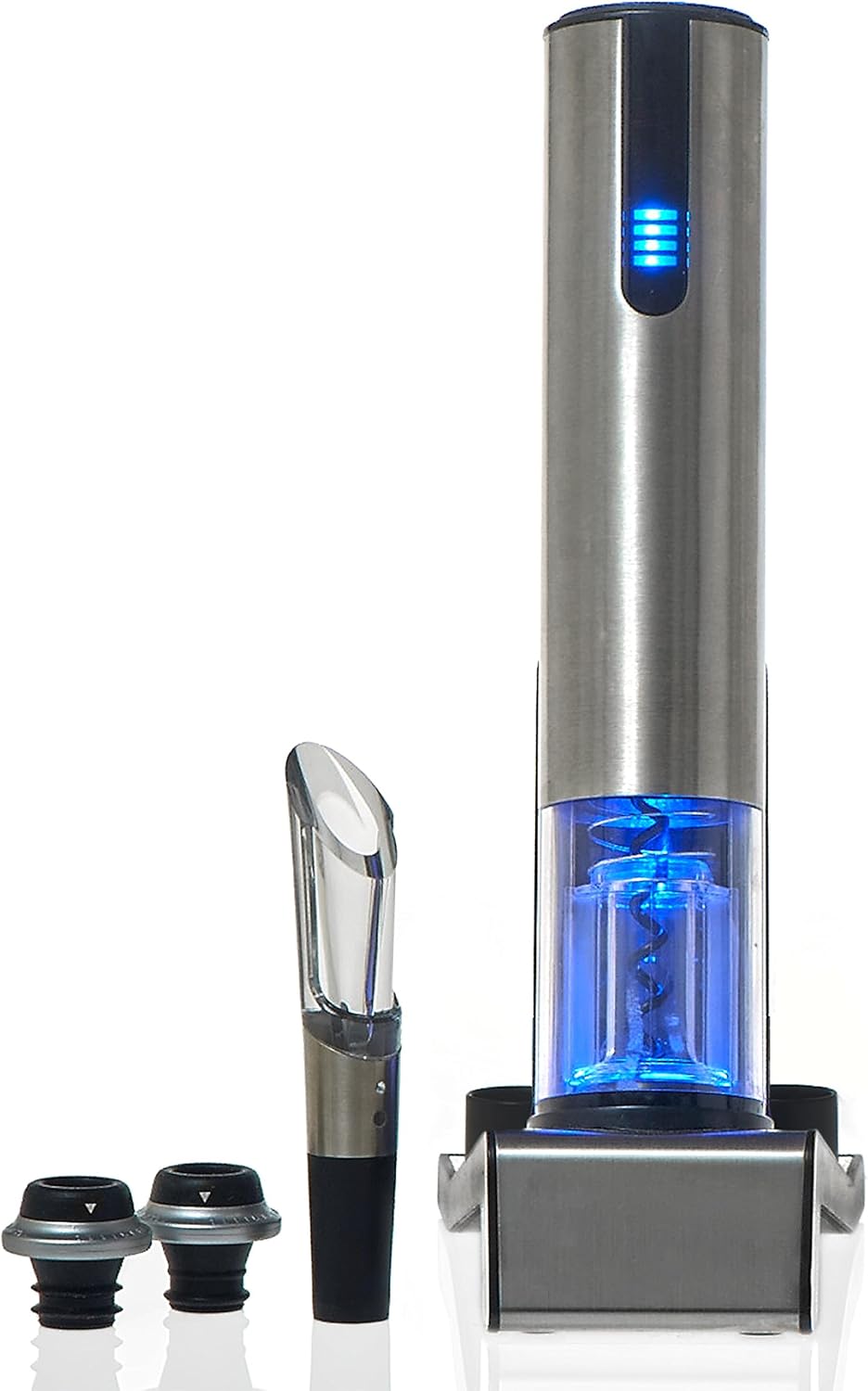 Wine Enthusiast 2-in-1 Electric Blue Automatic Wine Bottle Opener and Preserver Set – Fully Electric Corkscrew with Charging Station – Seal Bottle with Vacuum Stopper (7 Piece Set)