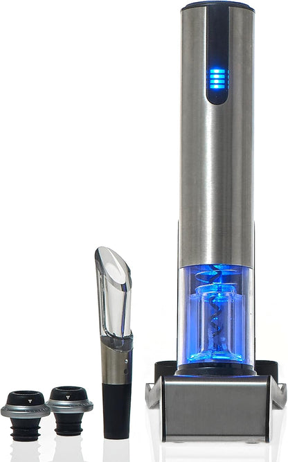 Wine Enthusiast 2-in-1 Electric Blue Automatic Wine Bottle Opener and Preserver Set – Fully Electric Corkscrew with Charging Station – Seal Bottle with Vacuum Stopper (7 Piece Set)