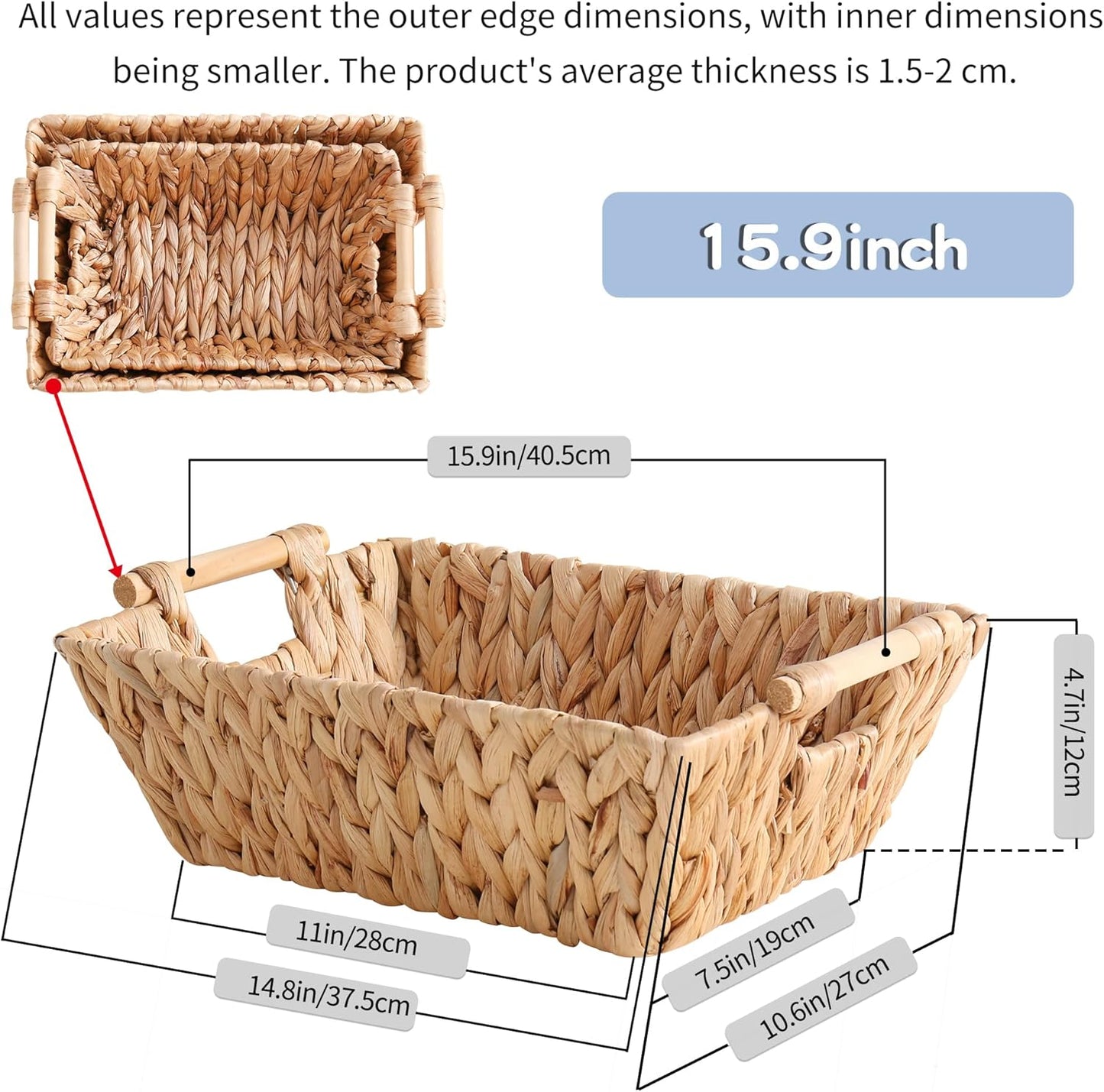 Water Hyacinth Basket by Handcrafted | Large Rectangular Wicker Storage Basket with Wooden Handles