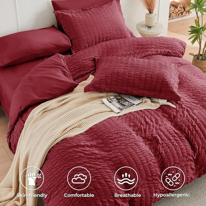 HYMOKEGE Burgundy Queen Comforter Set - 7-Piece All-Season Luxury Bedding Set with Sheets & Pillowcases