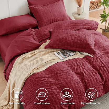 HYMOKEGE Burgundy Twin XL Comforter Set Seersucker 5 Pieces, All Season Luxury Bed in a Bag for Bedroom, Bedding Set with Comforter, Sheets, Pillowcase & Sham