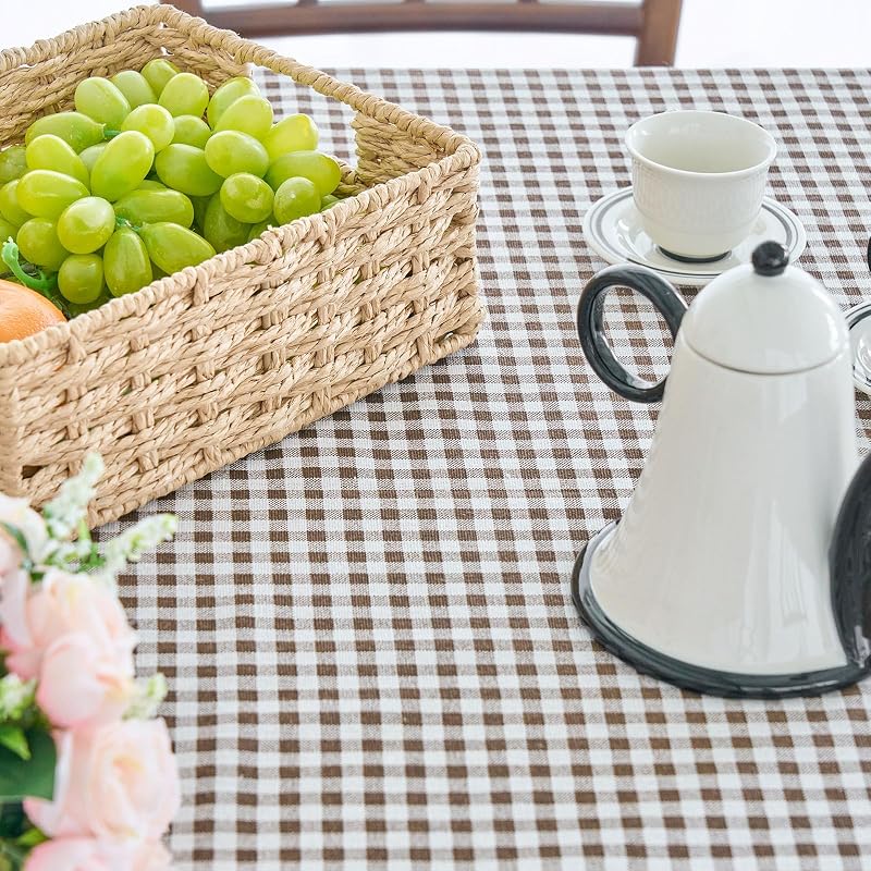 vctops Farmhouse Coffee Plaid Ruffle Tablecloth 55x94 in Cotton Linen, Rectangular