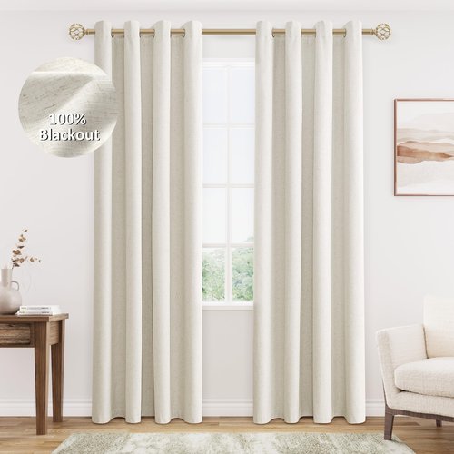 Jowels Cream Linen Blackout Curtains 84 Length 2 Panels Set for Living Room Bedroom, 100% Black Out Thermal Insulated Linen Drapes, Room Darkening Grommet Curtains 84 Inches Long Natural Beige