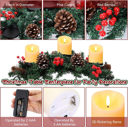 Mudder Christmas Table Centerpiece Set - 20'' Steel Base with 3 Flameless LED Candles & Red Berry Decor | Creamy White
