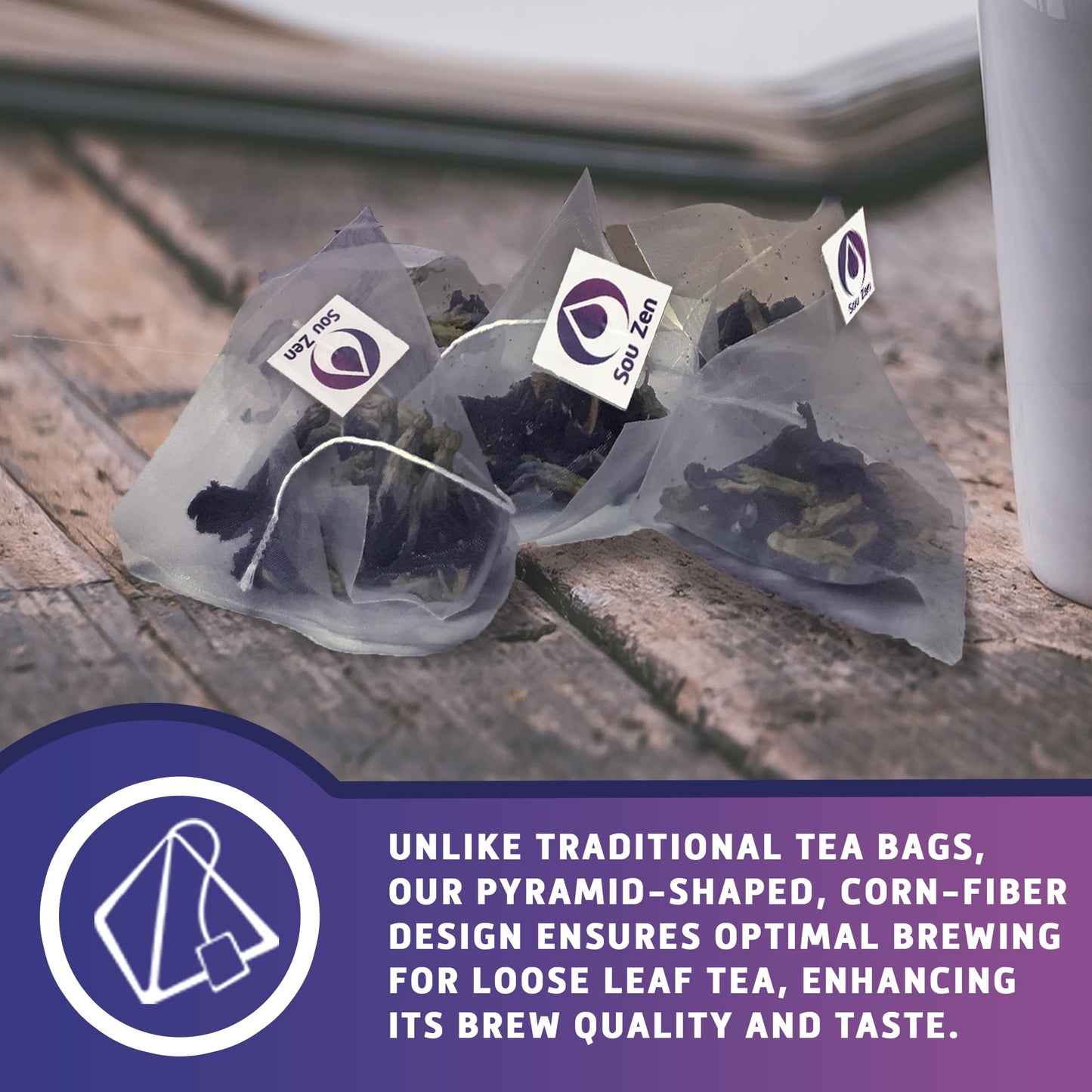 Sou Zen Butterfly Pea Flowers 35 Corn-fiber Pyramid Tea Bags | Premium Quality | Natural, Raw Drink Mix w/Antioxidants, Organic Nootropics | Promotes Relaxing Calm, Stress Relief | Thai Herbal