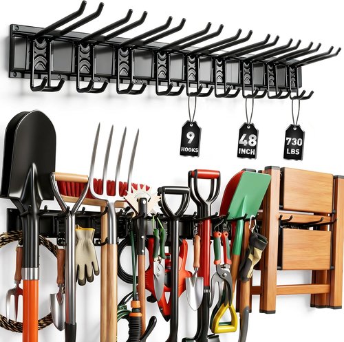 ELEAD Heavy Duty Garage Tool Organizer - 9 Pairs Wall Mount Hooks | 48 Inches, 730 lbs Capacity for Garden Tools
